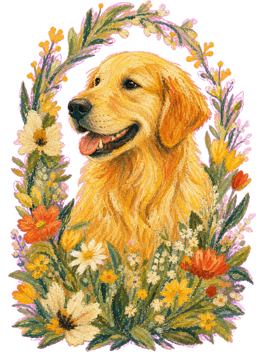 Mandy 手繪 — 黃金獵犬與花